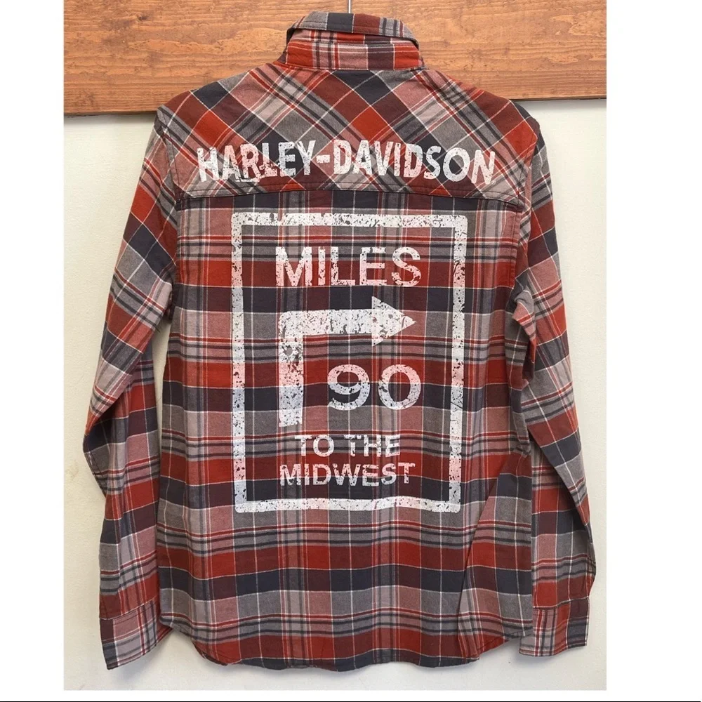 HARLEY-DAVIDSON Men’s Garage Collection Orange Plaid Slim Fit Shirt S - Picture 5 of 13
